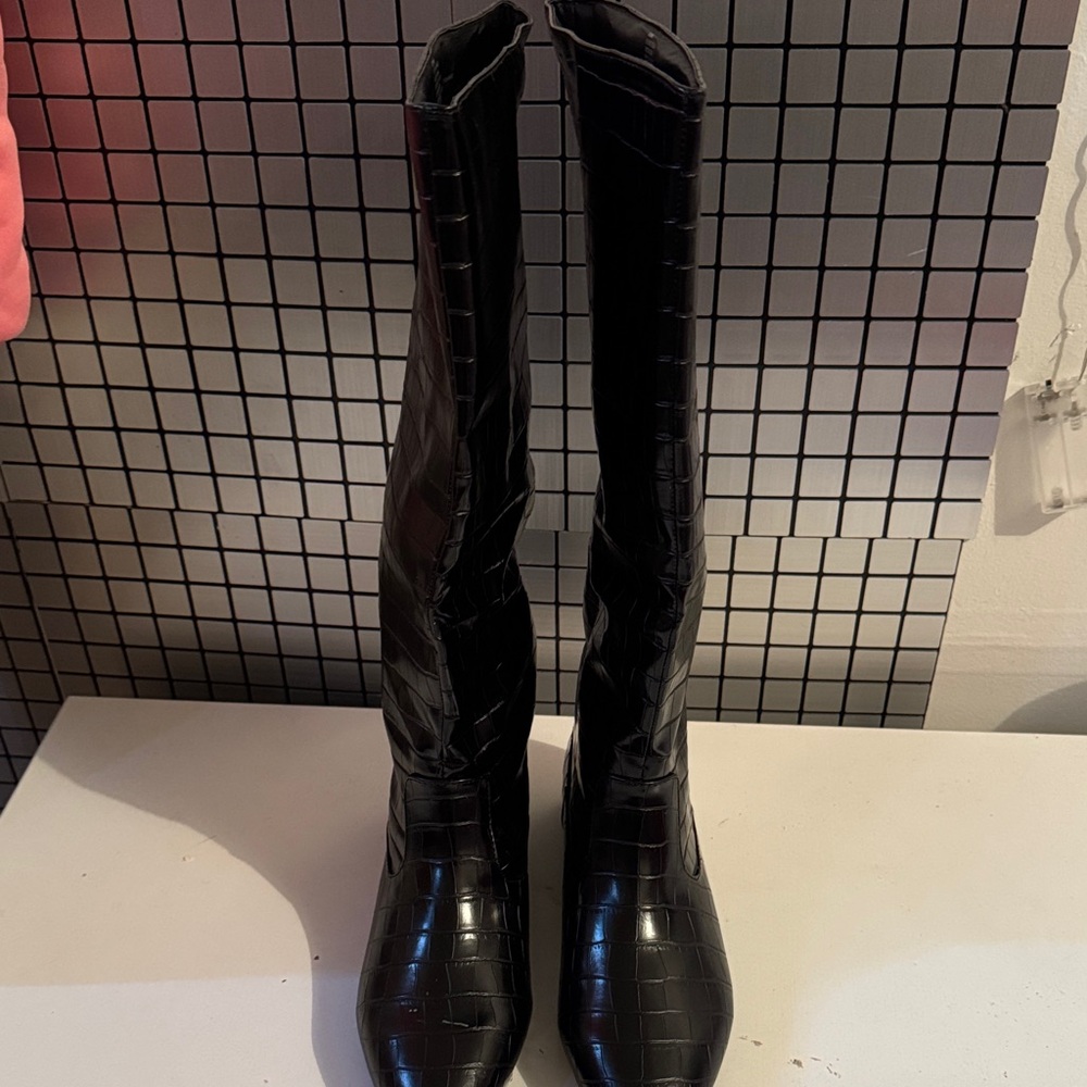 Black Croc-Embossed Knee-High Boots
